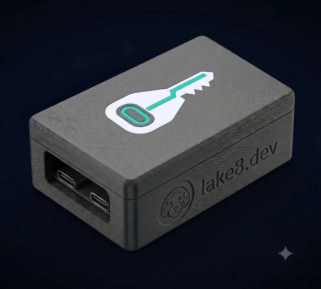 Crypt-in dongle, anthracite case with the key logo on the lid and lake8.dev engraved on the side: the ESP32-S3 dev board variant, with two USB-C ports on the front