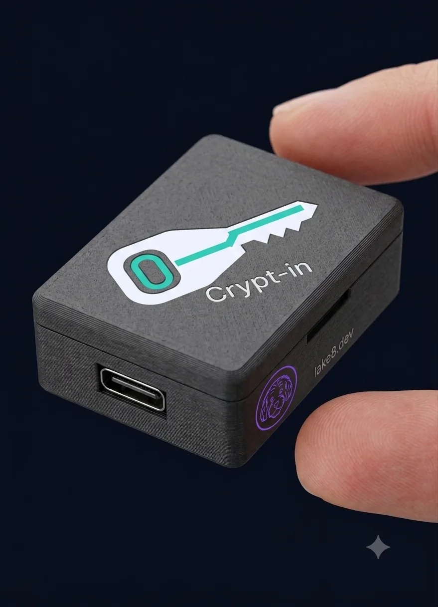 The finished Crypt-in dongle held between two fingertips: compact anthracite case with a single USB-C port and the Crypt-in logo.