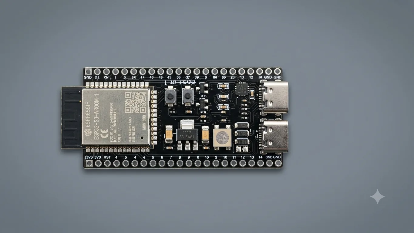 ESP32-S3-WROOM-1 DevKit, bare board with two USB-C ports — the reference board for beta testers.